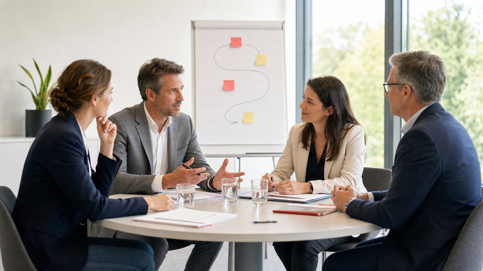 Vier Personen diskutieren an einem runden Tisch; im Hintergrund stehen ein Flipchart und ein grosses Fenster.