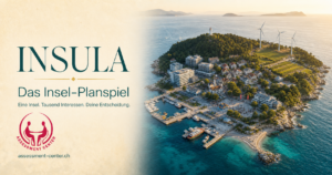 INSULA Unternehmensplanspiel – fotorealistische Insel mit Assessment-Center-Logo