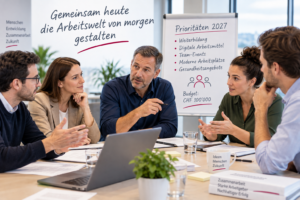 Fünf Personen diskutieren Investitionen in die Arbeitswelt vor einem Flipchart mit Prioritäten 2027 und einem Budget von 100.000 CHF